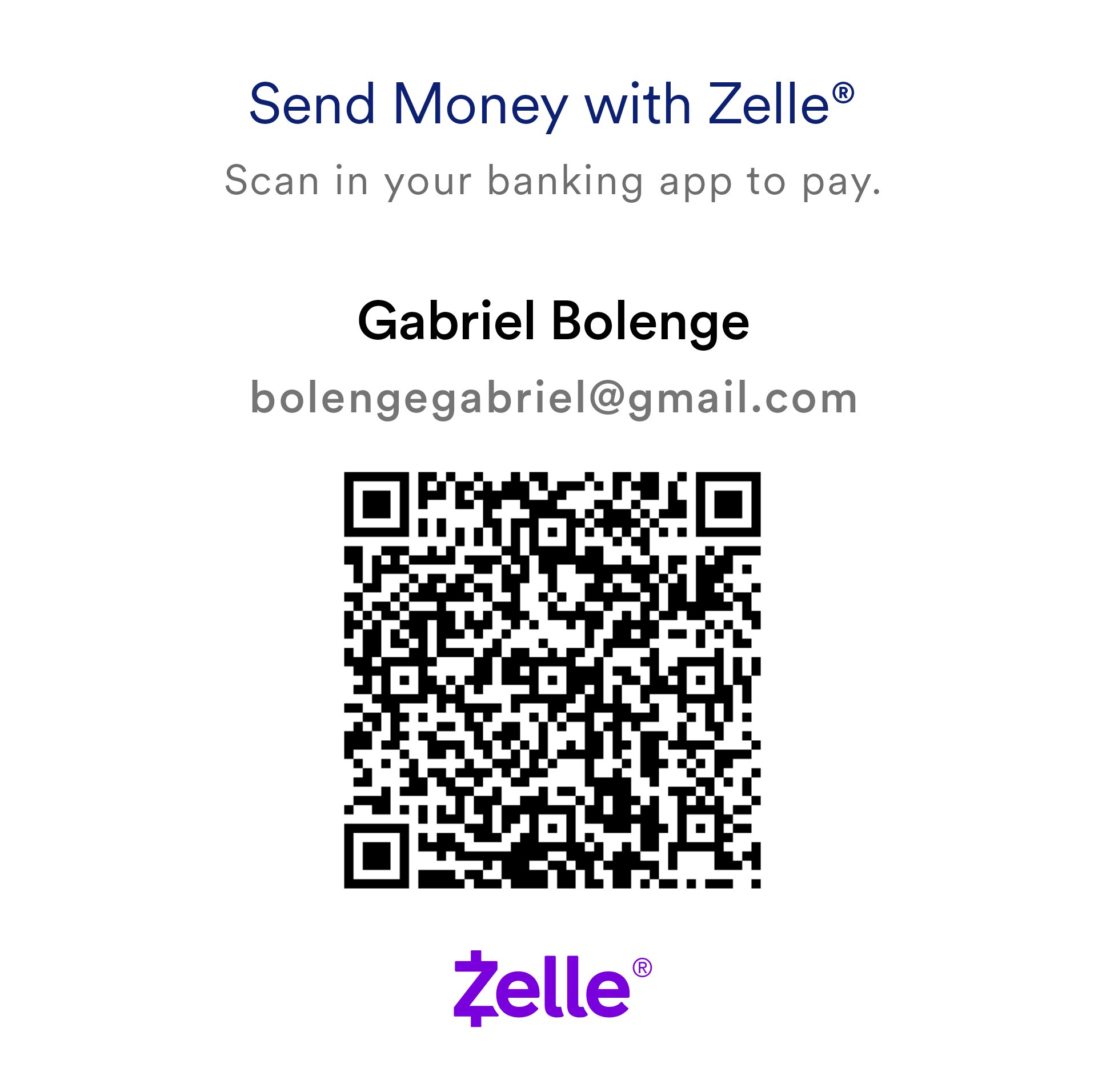 Zelle QR code for donating to Gabriel Bolenge